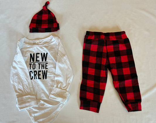 Boutique NEW!!  Infant "New to the Crew" Onesie/pants Set Buffalo Red 18mtn