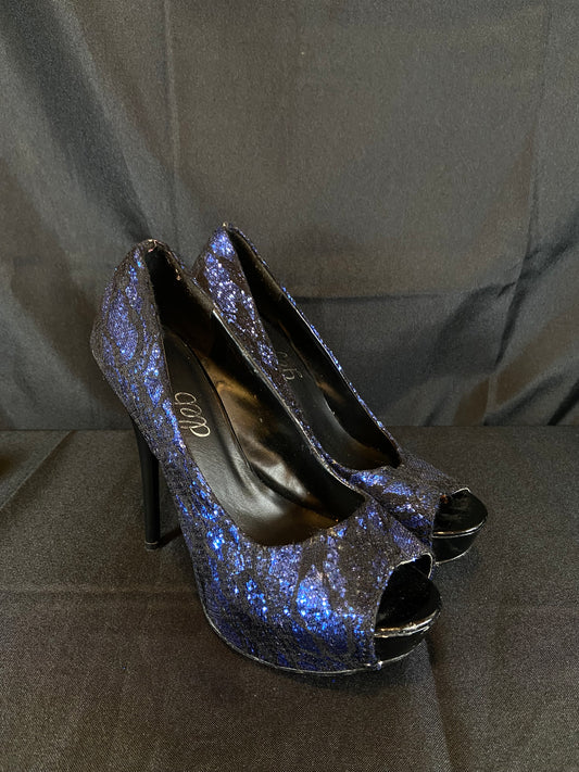 Deb Blue Glitter with Black Lace Pump Heels Womens size 9