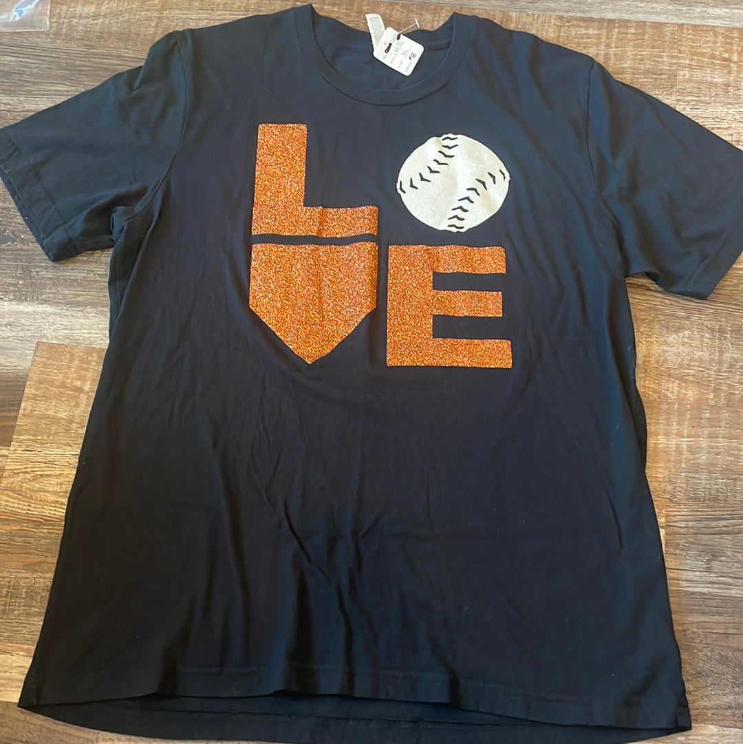 Black Short Sleeve with Orange Glitter Love Softball adult XLarge (XL) T-Shirt