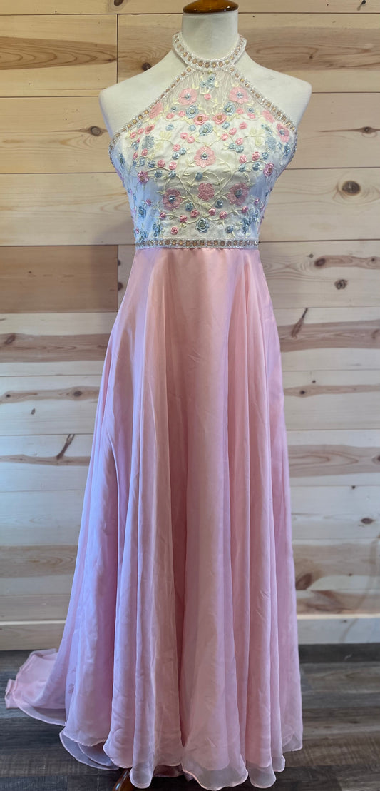 LUCCI LU Pink & White Floral Beaded Halter Top Long Dress size Small