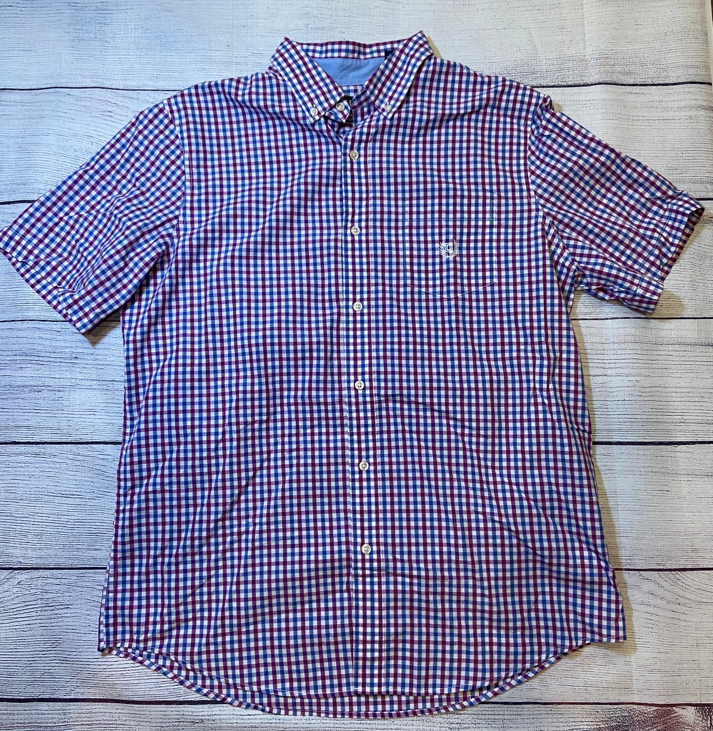 CHAPS Blue Purple Plaid Short Sleeve Button Up Easy Care size Large