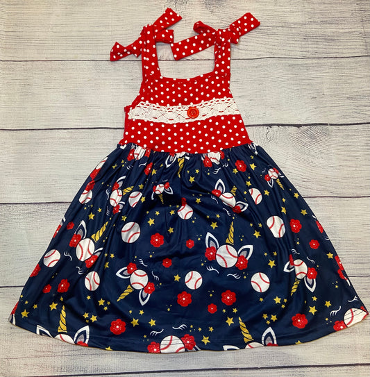 Girls Baseball Theme Dress w/Blue & Red Various sizes