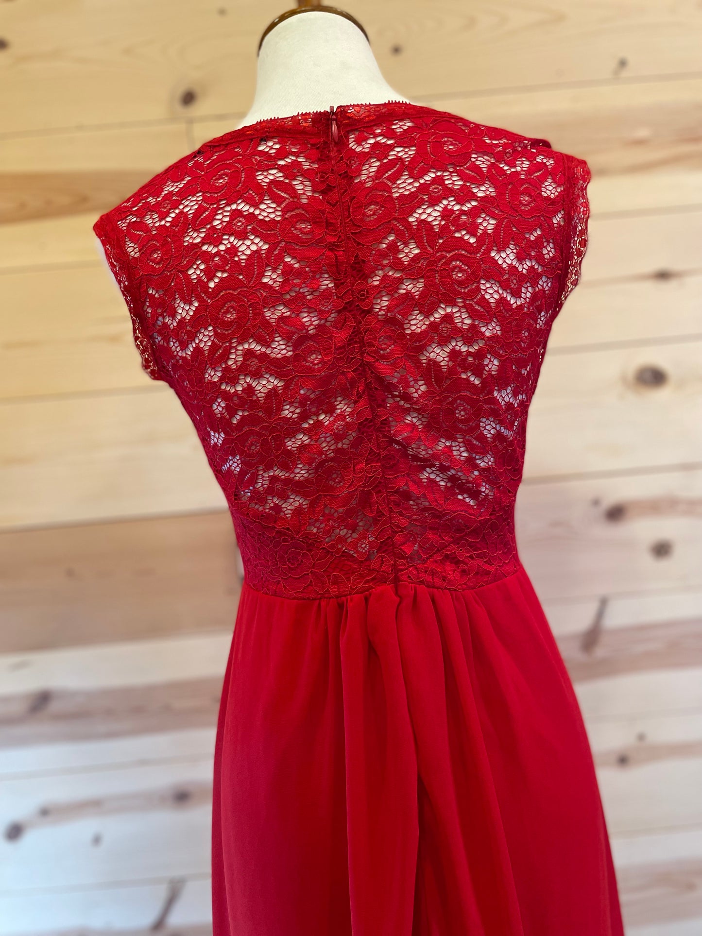 MUSOL Red Lace Top w/Sheer Bottom Long Dress size Medium