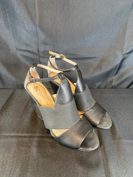 BC Black Leather Wedge Strappy Heels Women size 7