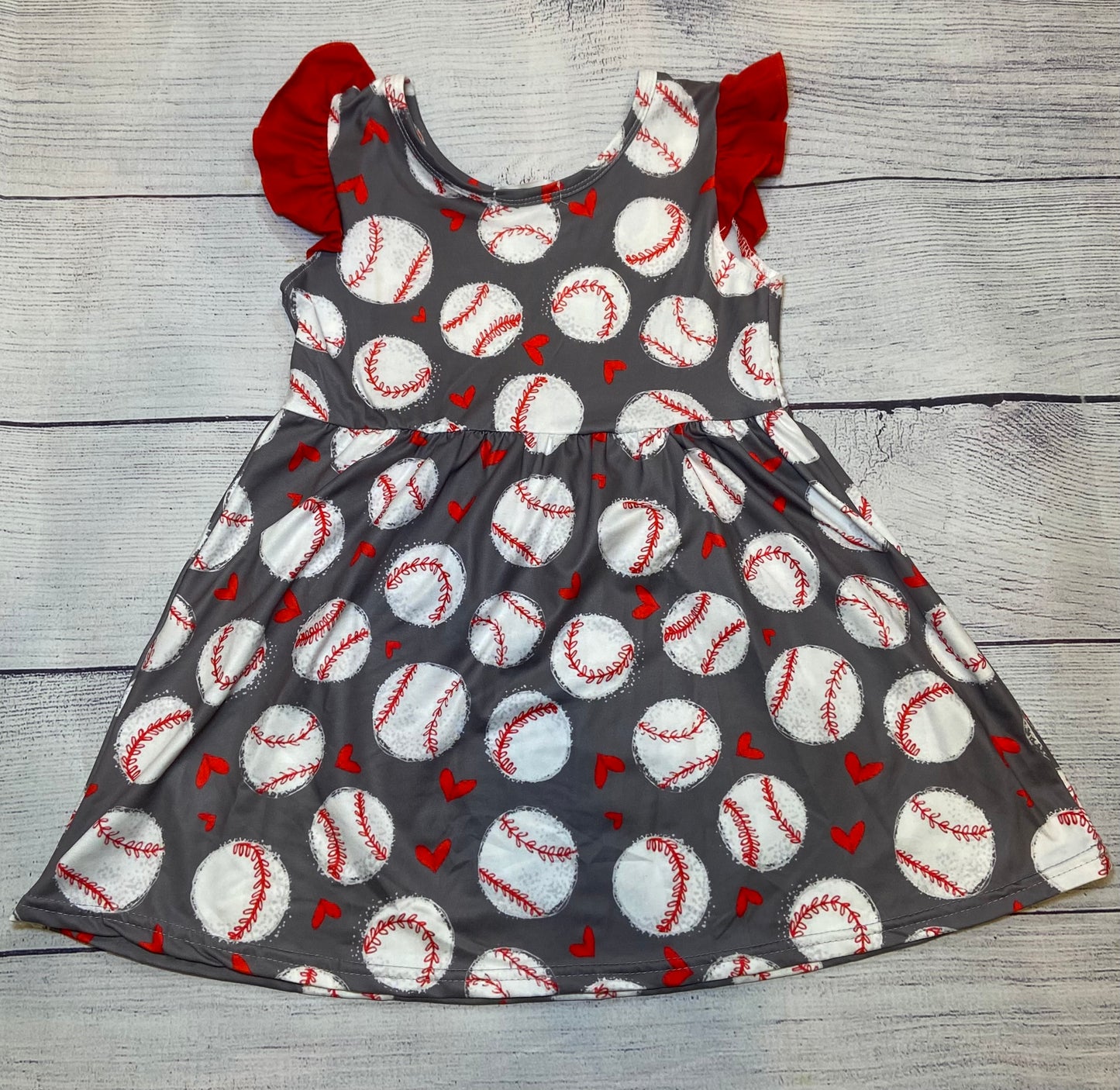 Girls Baseball Theme Dress with Shorts Gray w/Red Ruffles size 5/6