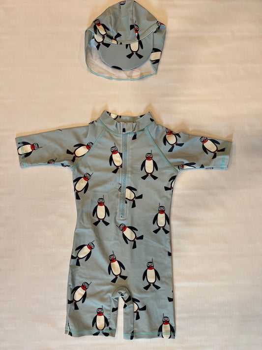 Blue Penguin Boys Bodysuit Swimwear w/hat size 6 NWOT