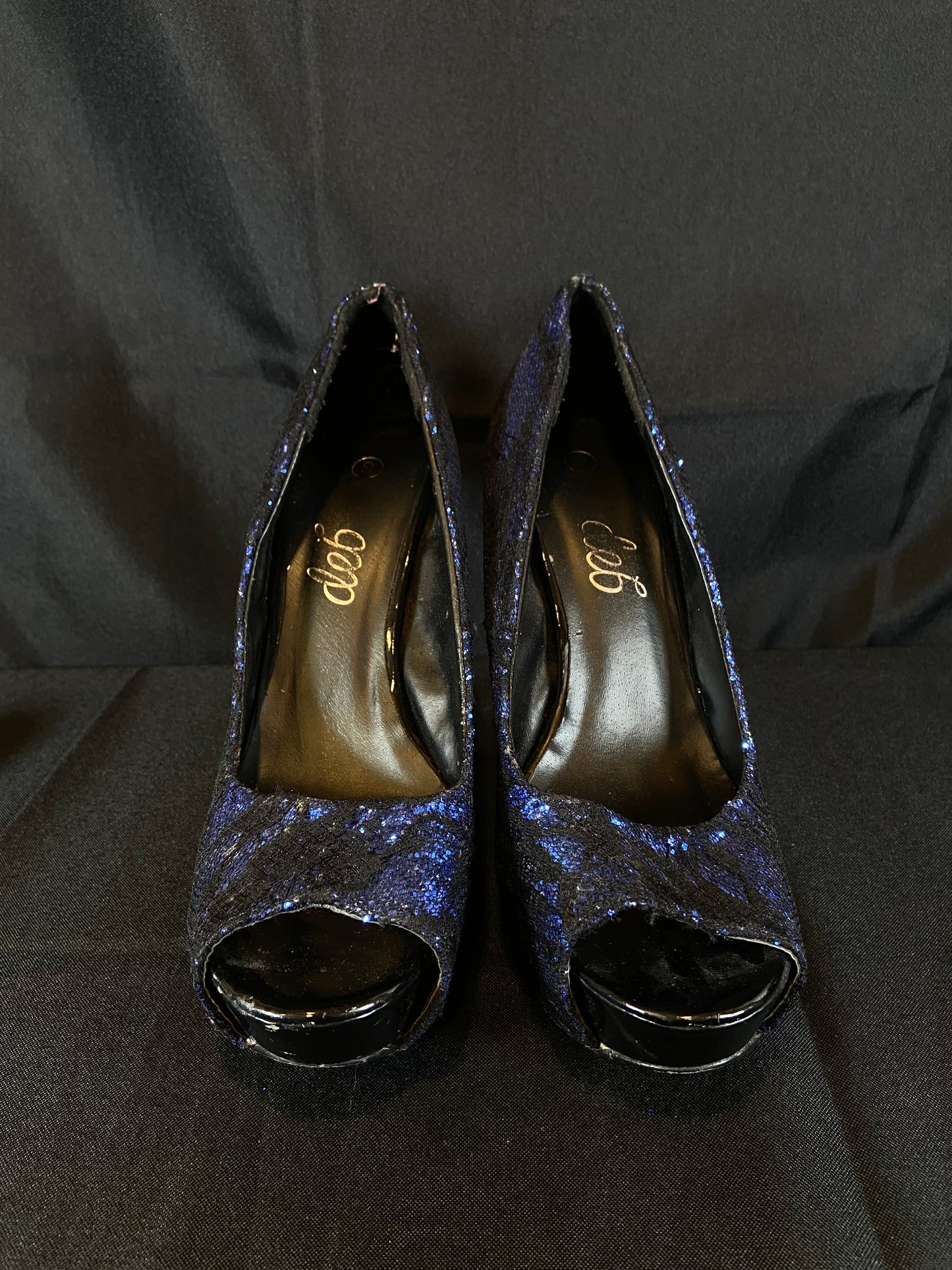 Deb Blue Glitter with Black Lace Pump Heels Womens size 9