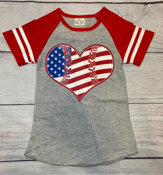 Girls Baseball Flag Heart Short Sleeve Shirt Various Size