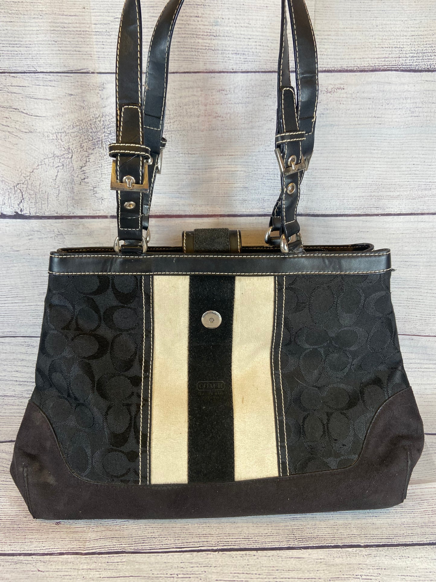 COACH Black & white Cloth & Suede Satchel Bag