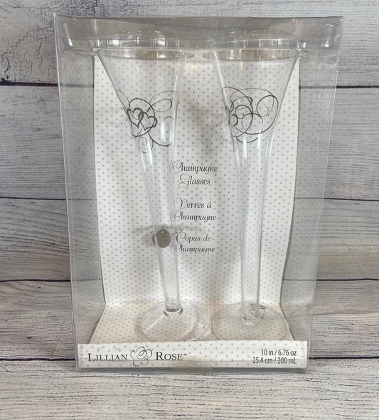 Lillian & Rose Wedding Champagne Glasses w/Charms Double Heart Flutes