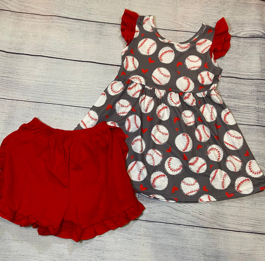 Girls Baseball Theme Dress with Shorts Gray w/Red Ruffles size 5/6