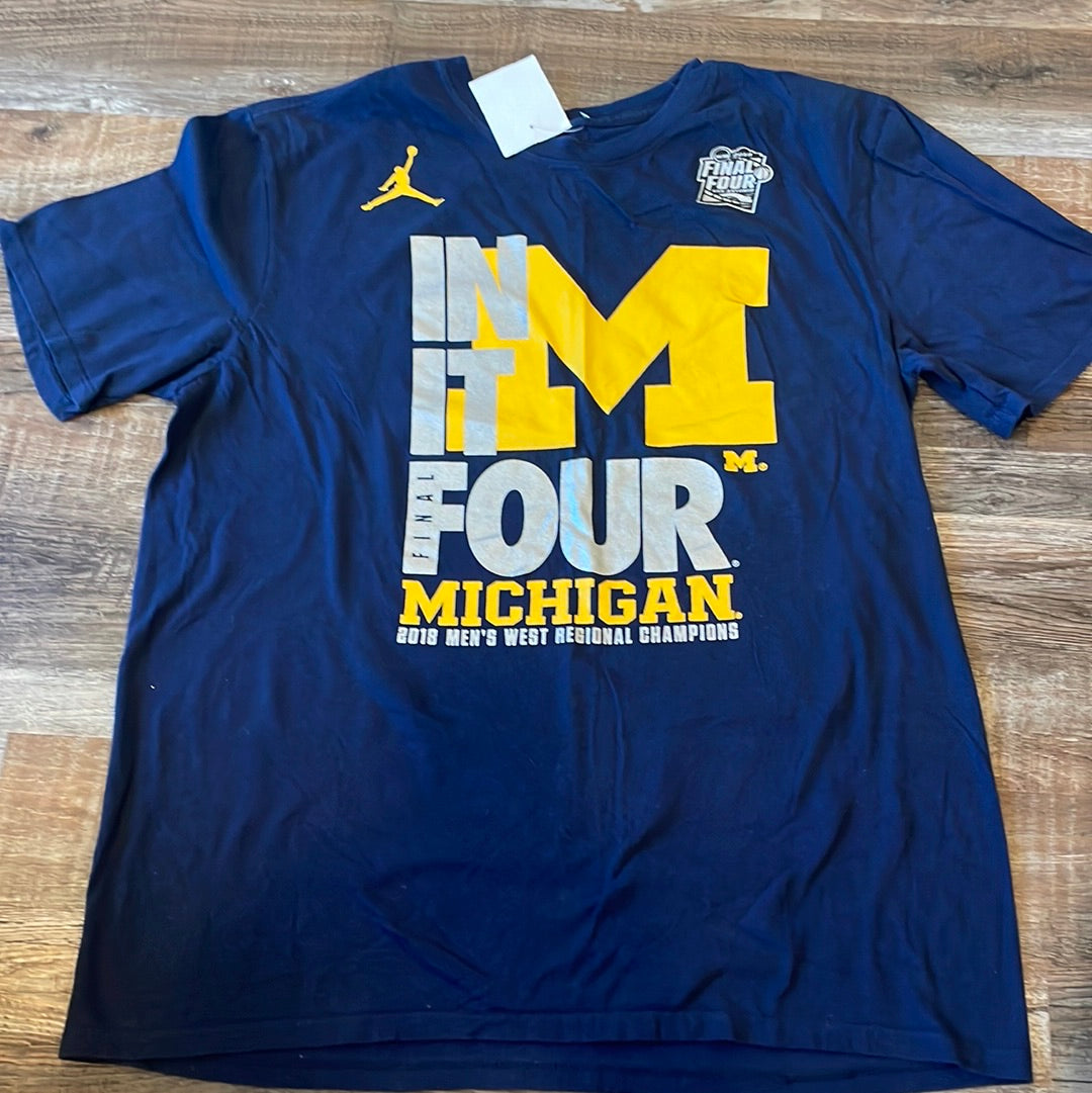 NCAA JORDAN Michigan Basketball Final Four Blue Short Sleeve Shirt Adult size large NEW!