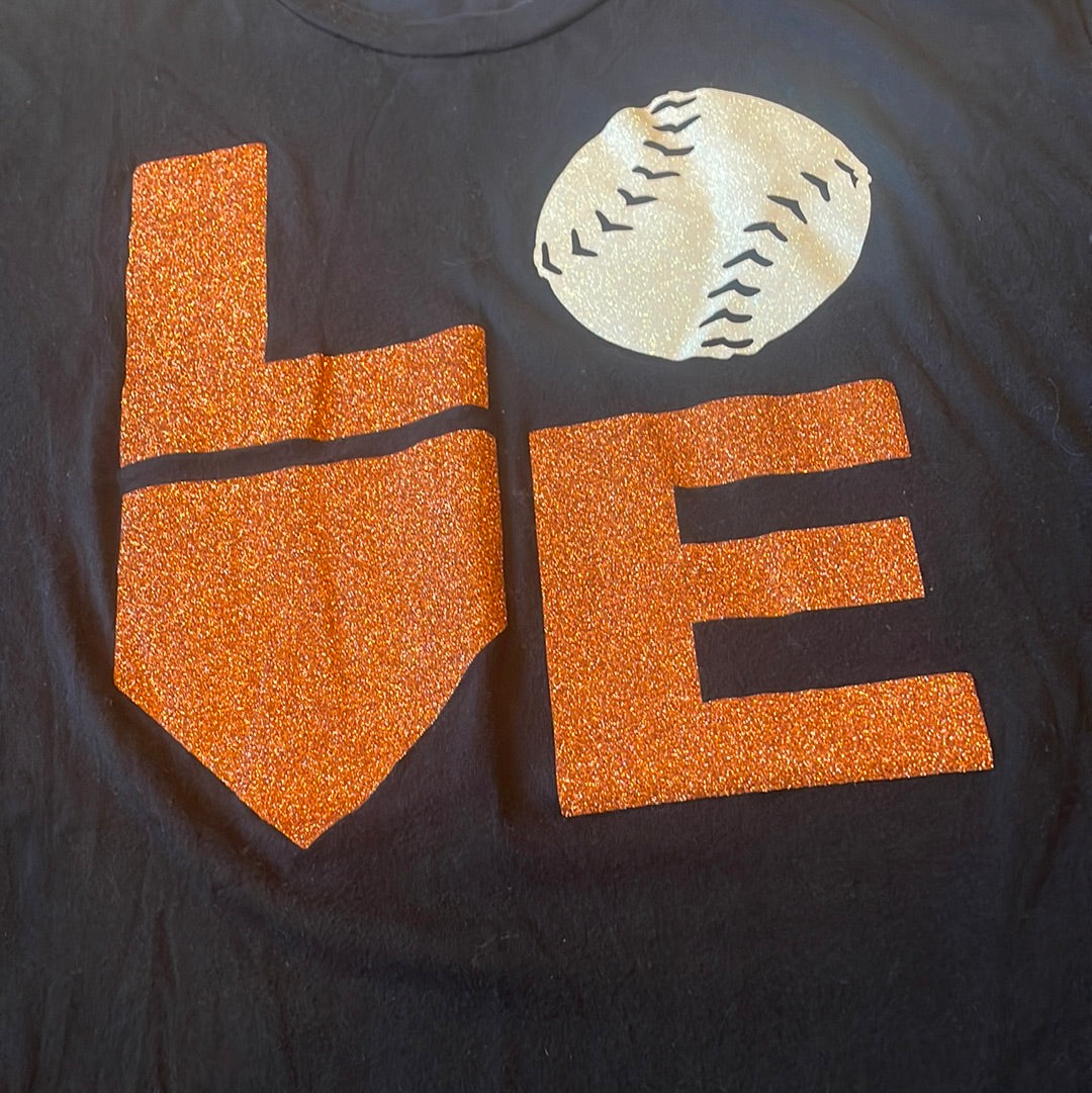 Black Short Sleeve with Orange Glitter Love Softball adult XLarge (XL) T-Shirt