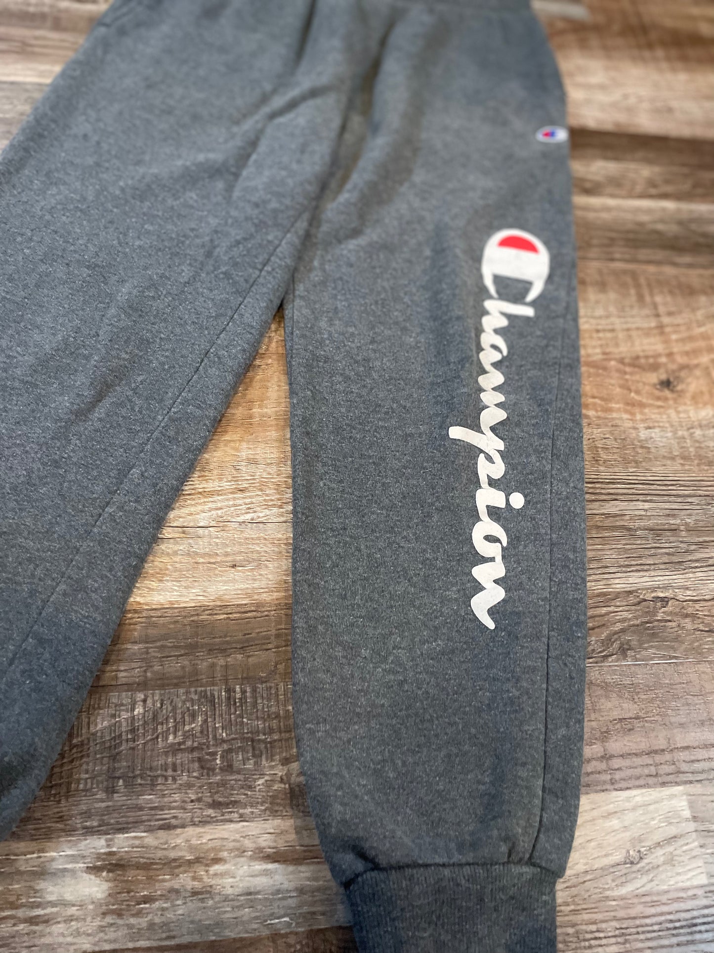 CHAMPION grey joggers w/white logo down leg boys size Large