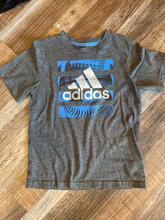 ADIDAS grey w/blue sports logo boys short sleeve size 5