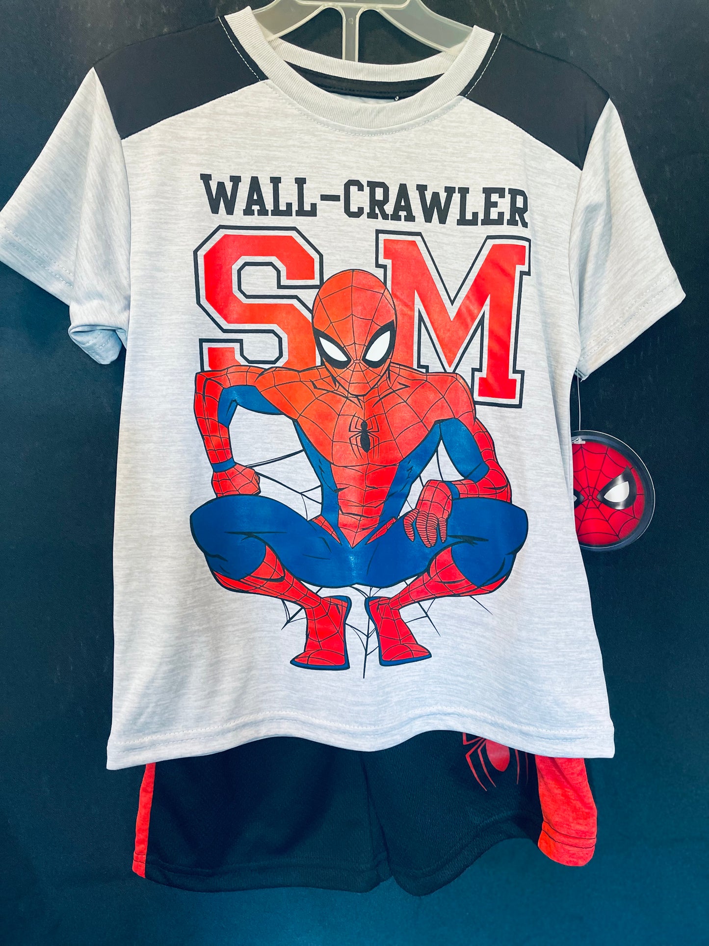 Spider-Man Grey shirt & black shorts boys size 6 NWT