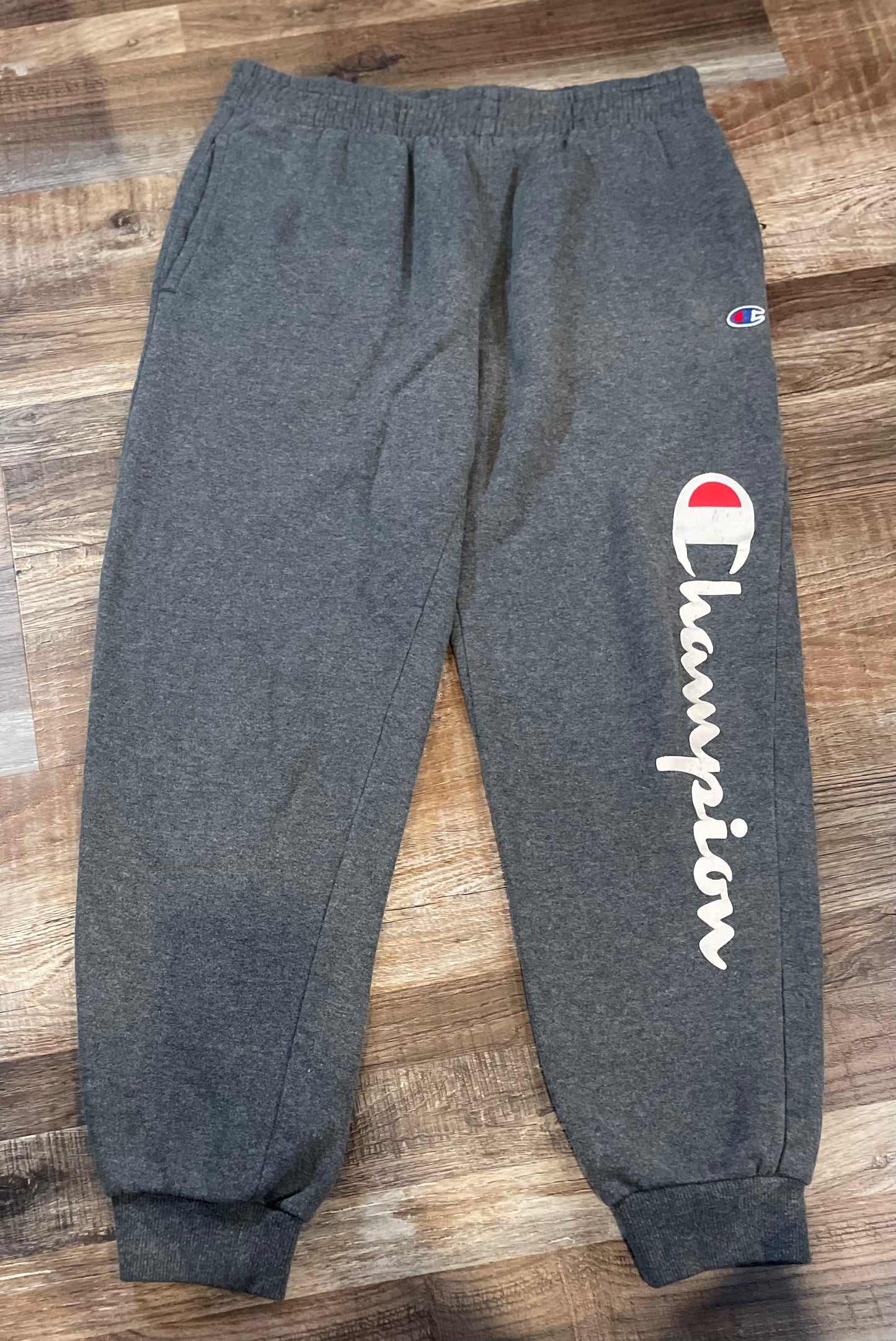 CHAMPION grey joggers w/white logo down leg boys size Large