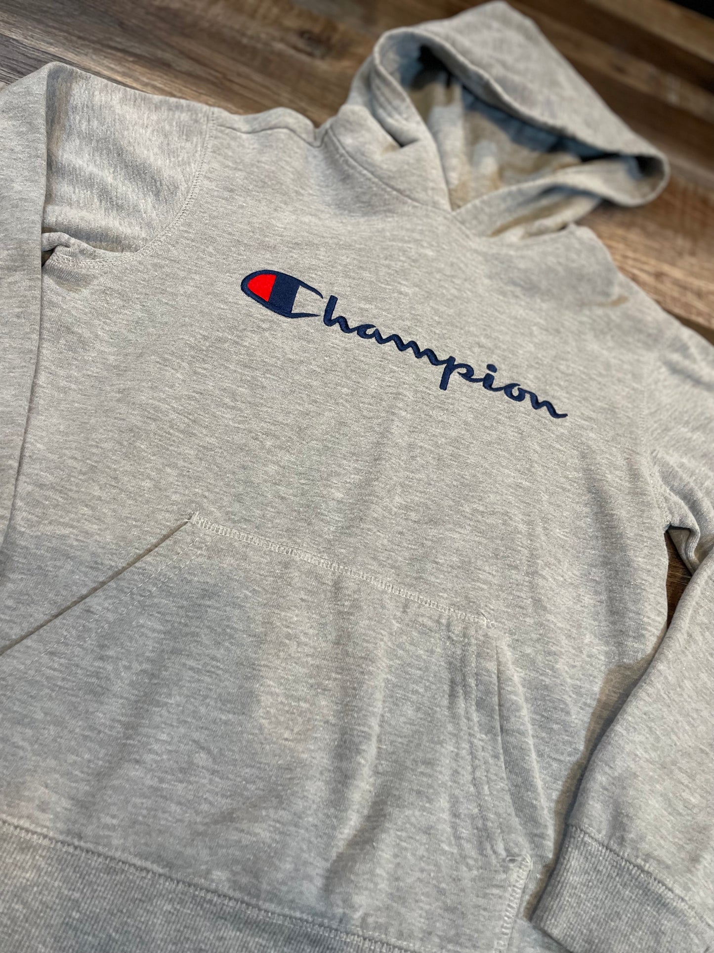 Champion Grey Sweatshirt with Blue Logo and Hood Boys Youth Size Large