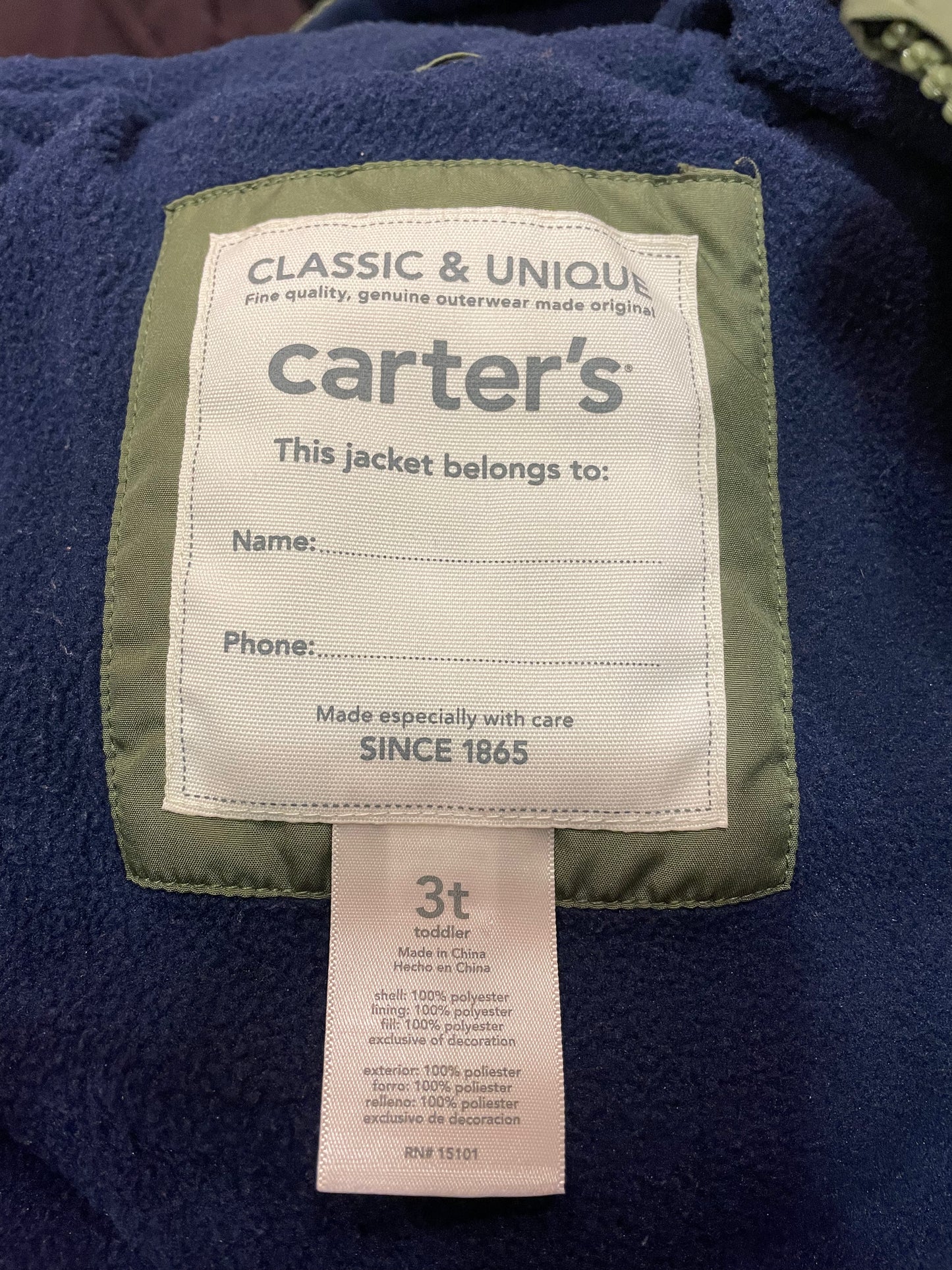 Carter's Classic Puff Coat Green Boys size 3t