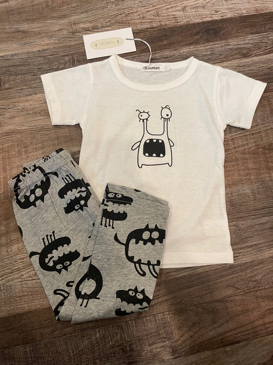 Boutique NEW!! PJ Set Youth white short sleeve shirt & grey pants w/ monsters