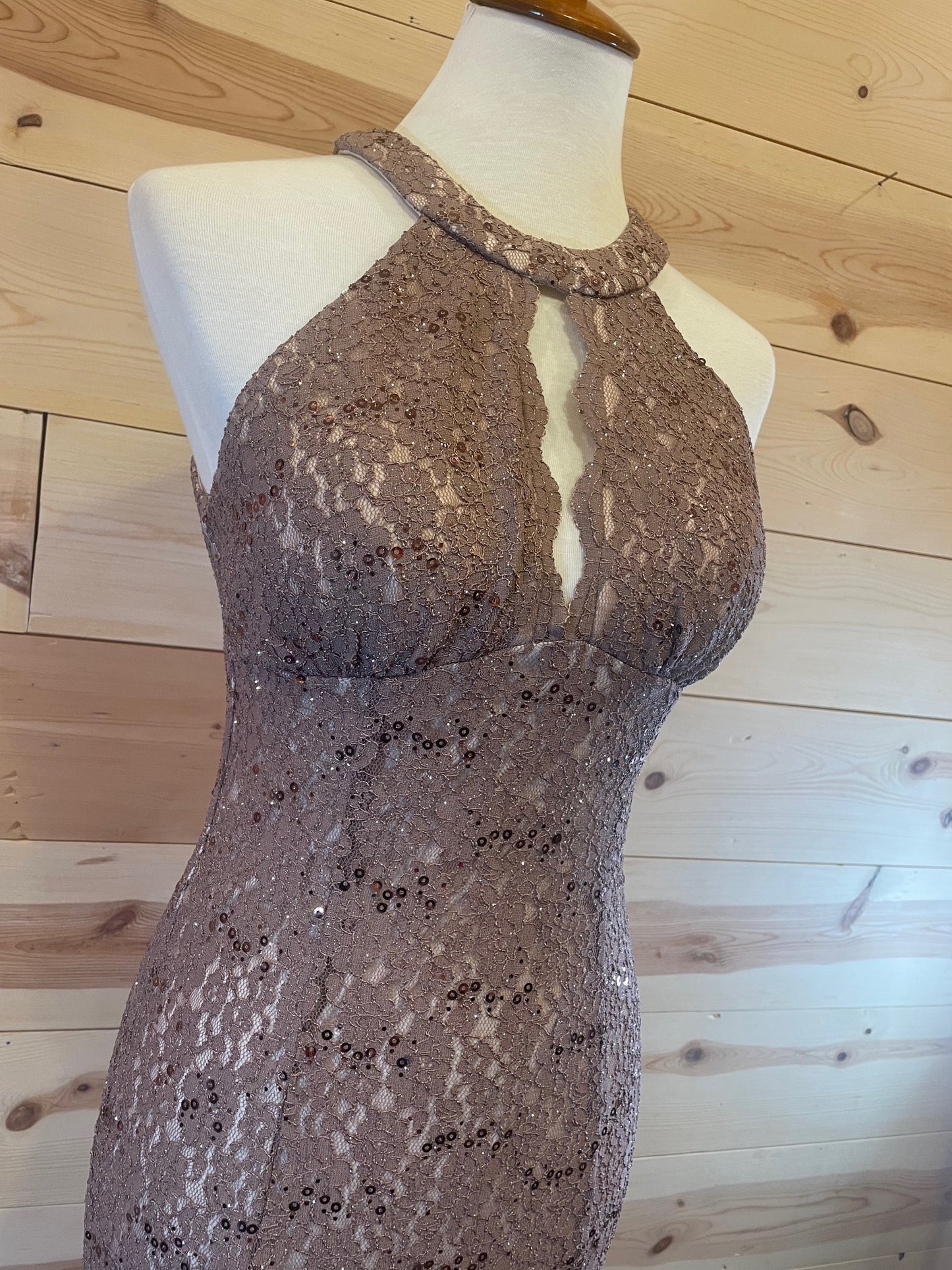 R&M Richards Lace Sequin Light Brown Halter Top Formal Dress Size 6