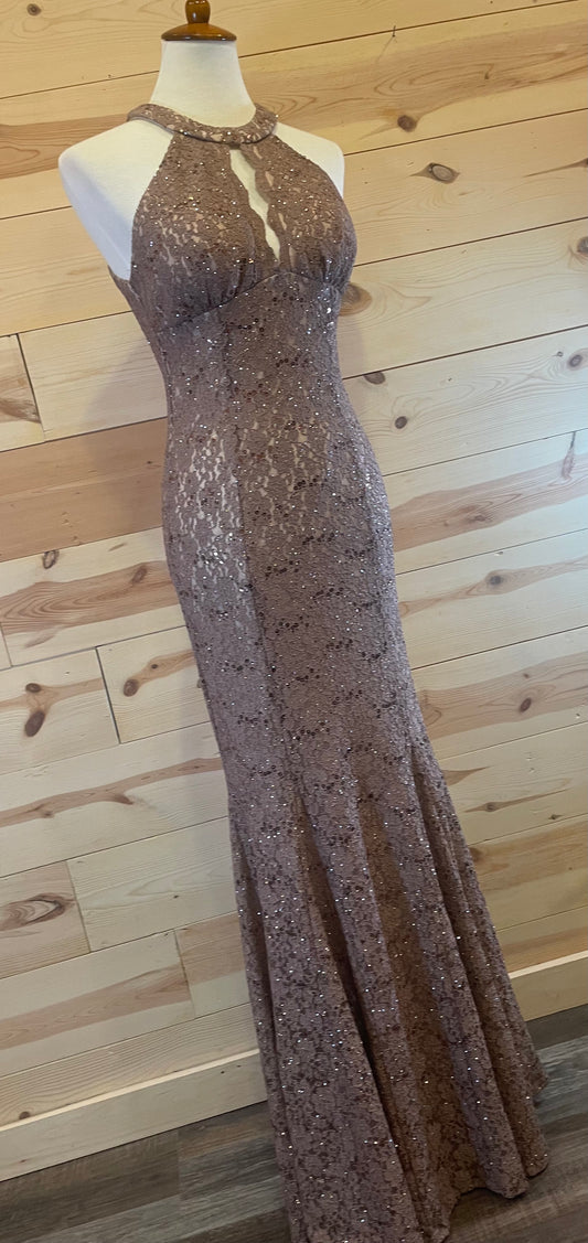 R&M Richards Lace Sequin Light Brown Halter Top Formal Dress Size 6