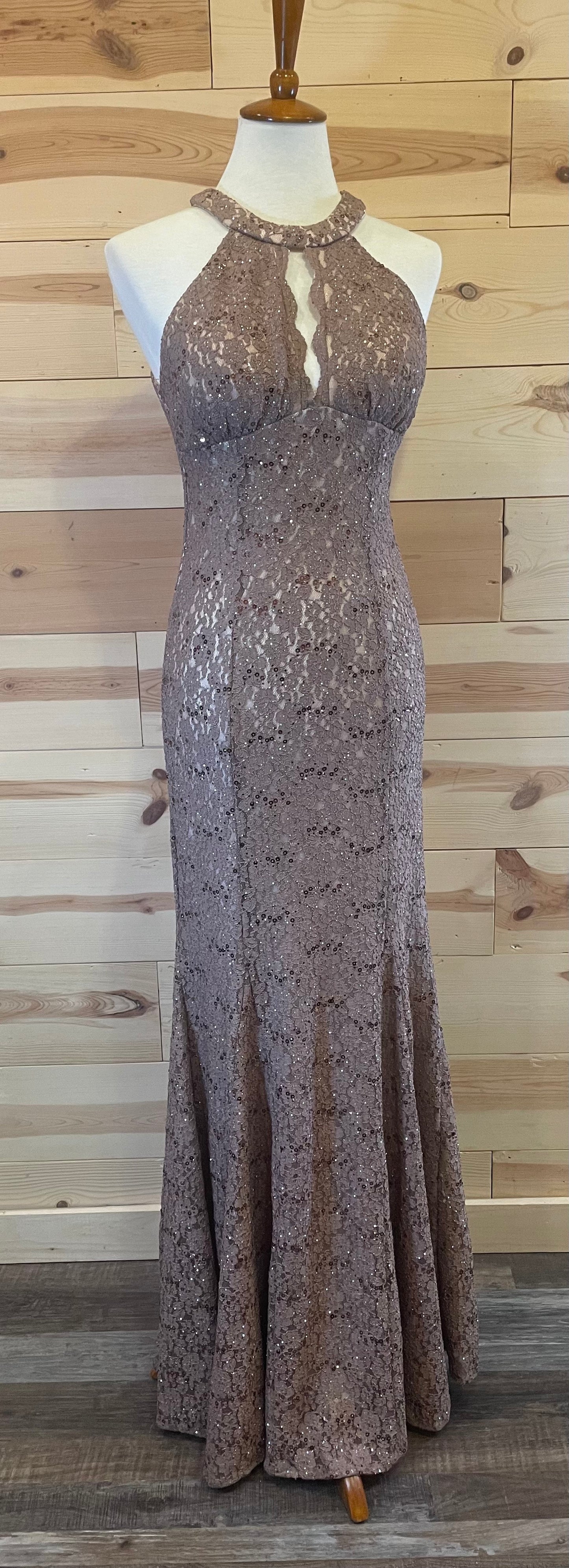 R&M Richards Lace Sequin Light Brown Halter Top Formal Dress Size 6