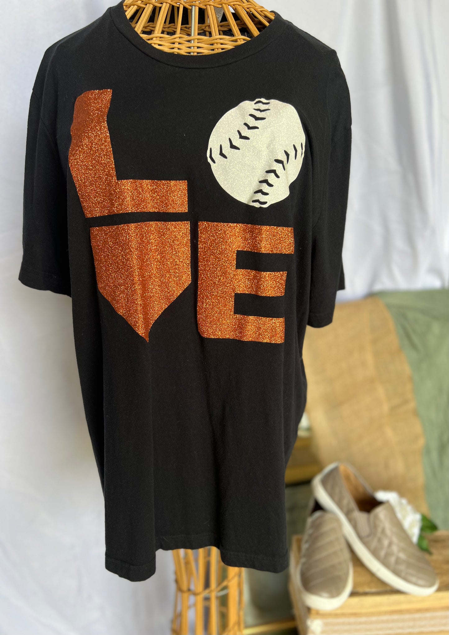 Black Short Sleeve with Orange Glitter Love Softball adult XLarge (XL) T-Shirt